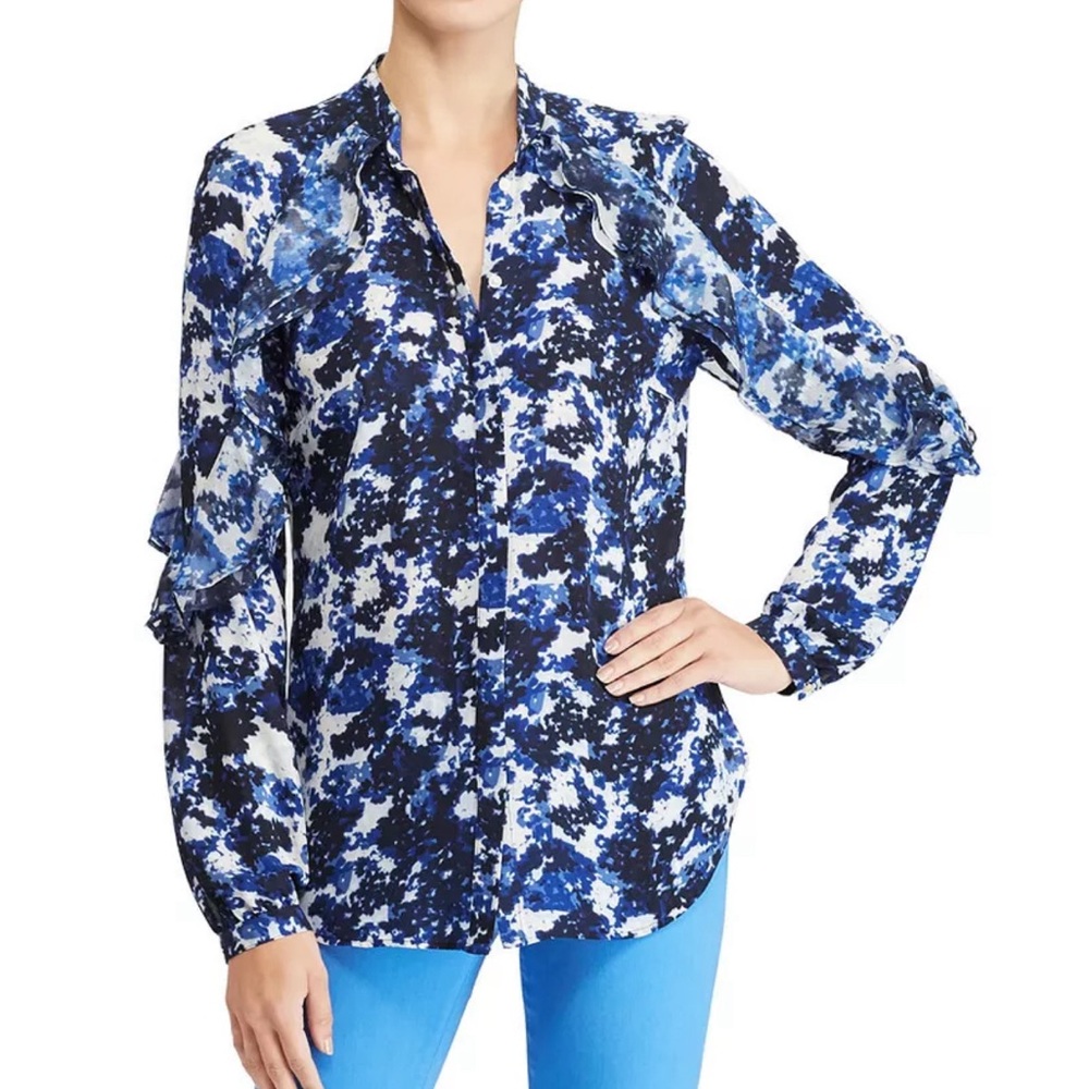 RALPH LAUREN Blue Abstract Floral Georgette Crepe Ruffle Accent Shirt Top XS